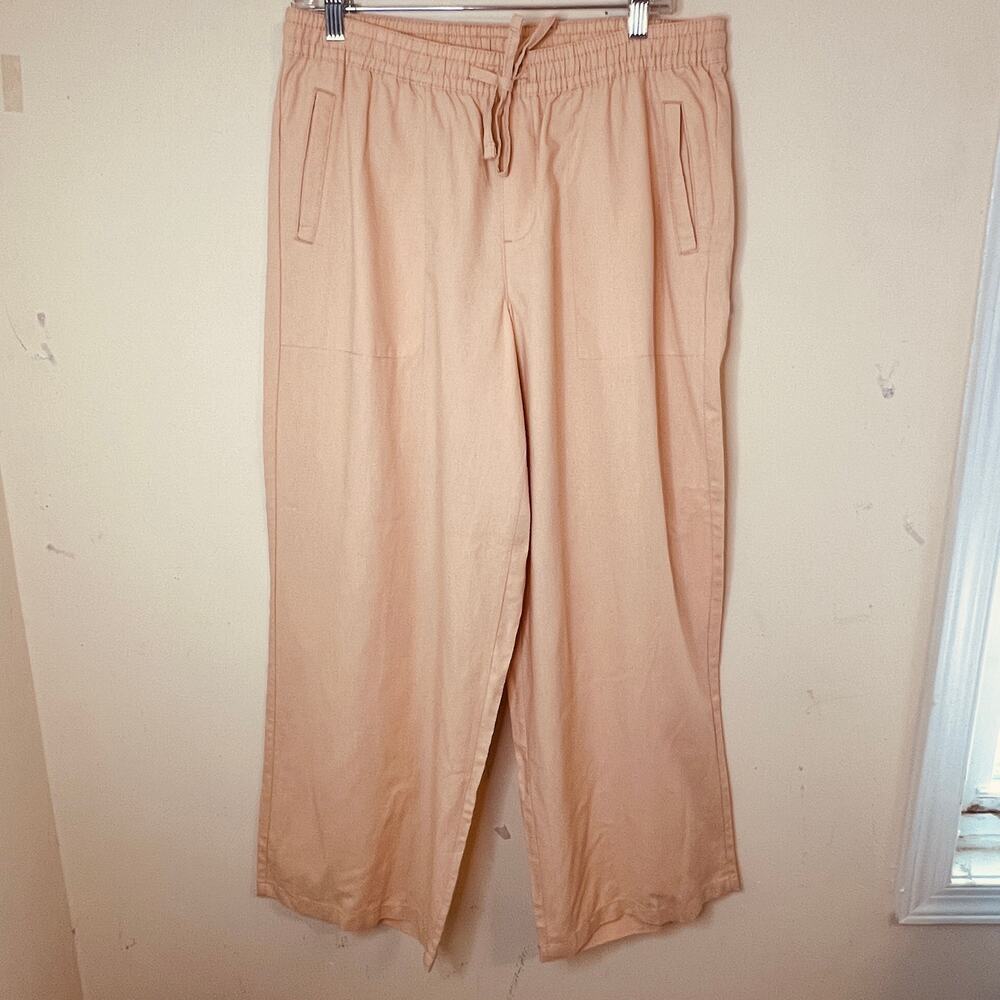Serra Linen Blend Pull On Pants Large Peach Tan Wide Leg Pockets Quiet Luxury